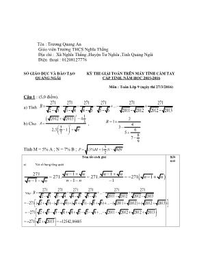 Đề thi giải toán trên máy tính cầm tay cấp tỉnh, năm học 2015 - 2016 môn Toán lớp 9